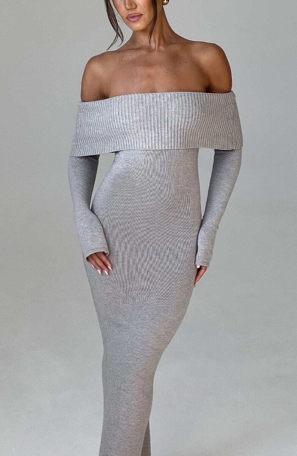Beverley Knit Maxi Dress - Light Grey Marl - Image 4