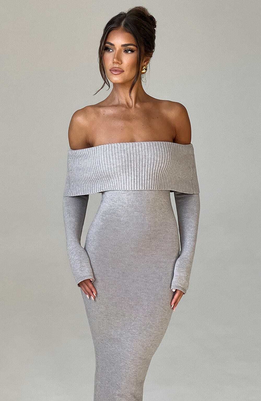 Beverley Knit Maxi Dress - Light Grey Marl - Image 12