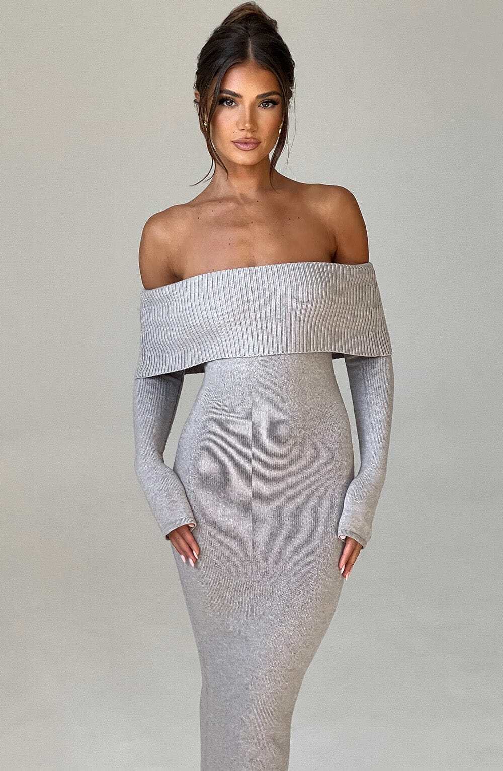 Beverley Knit Maxi Dress - Light Grey Marl - Image 5