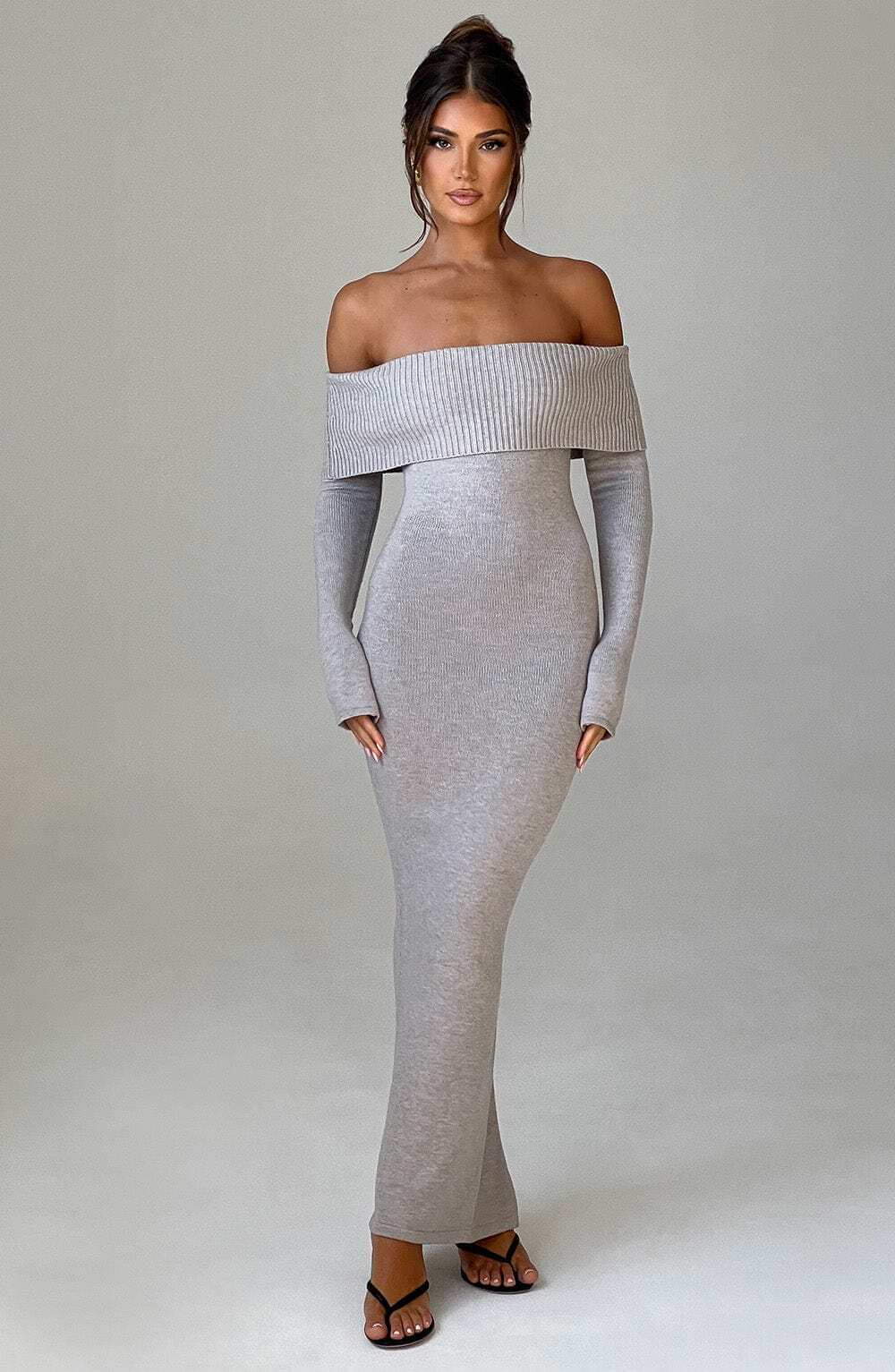 Beverley Knit Maxi Dress - Light Grey Marl - Image 2